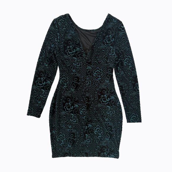 Guess Flocked Black Velvet Dress Sz6 Teal Floral Pattern Y2K 90s Whimsigoth Vamp - Picture 2 of 8